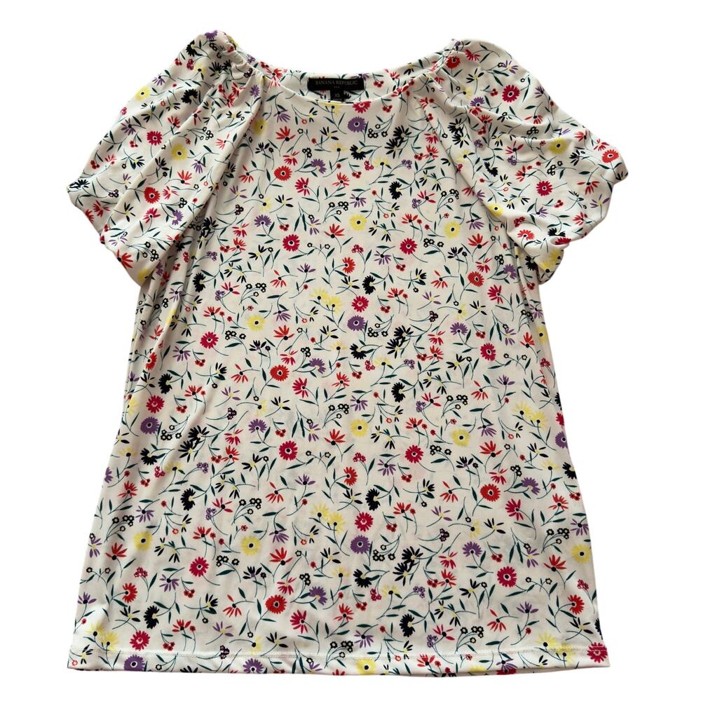Banana Republic Floral Puff Sleeve Blouse XS Ivory Multicolor Short Sleeve Top